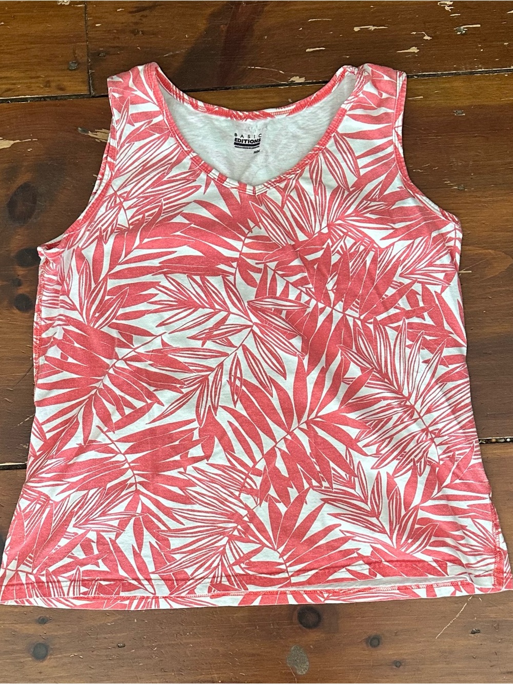 Basic Editions Coral and White Leaf-Print V-Neck Tank